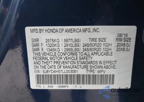 2020 Acura Mdx Technology Package z USA, uszkodzony, nr VIN 5J8YD4H57LL003061